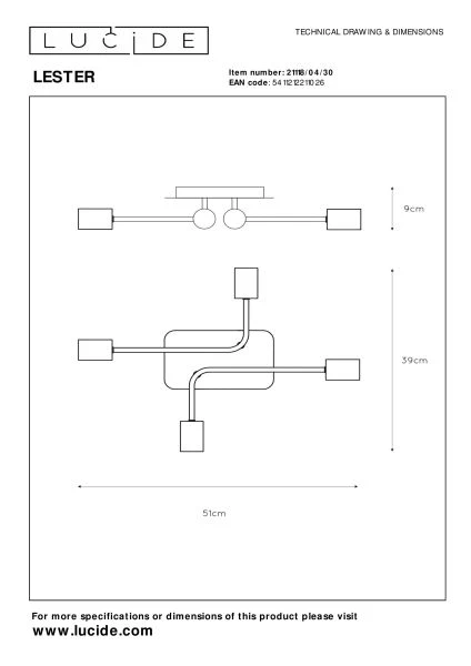 Lucide LESTER - Plafonnière - 4xE27 - Zwart - technisch
